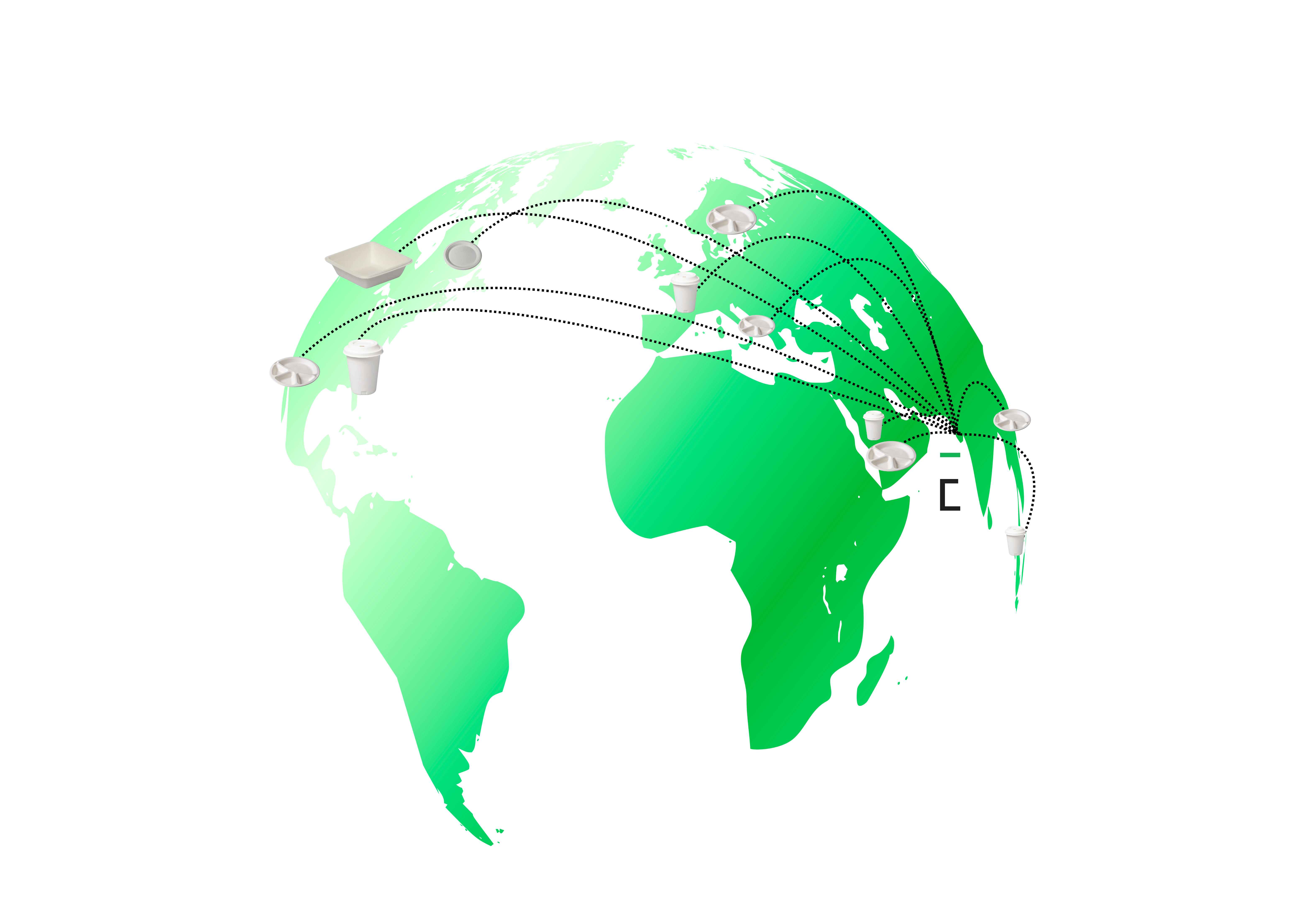 A stylized world map with blue polygons and connecting lines representing global export routes